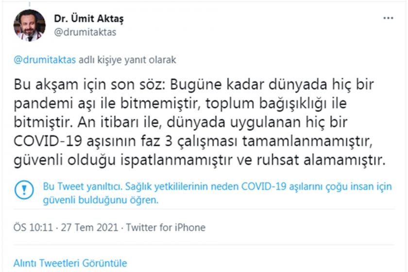 Twitter, aşılar hakkında yanlış bilgi yayan Ümit Aktaş'ın tweetlerine uyarı ekledi