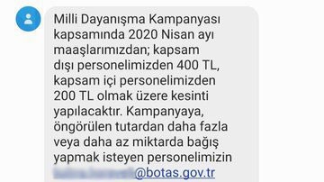 BOTAŞ'tan çalışanlara gönderilen SMS.