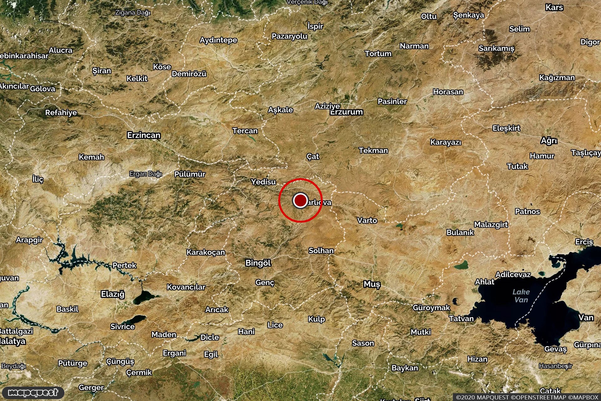 Bingöl Karlıova yakınında gerçekleşen depremin merkez üssünü gösteren harita.