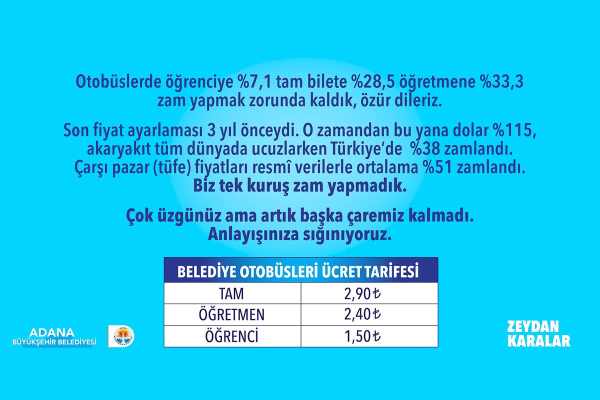 Adana'da ulaşımda öğrenciye %7,1, tam bilete %28,5, öğretmene %33,3 zam yapıldı