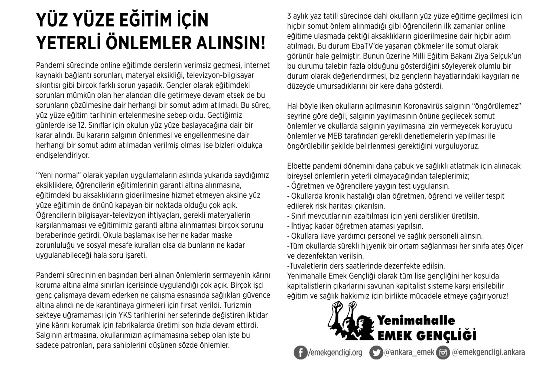 Emek Gençliği'nin "Yüz yüze eğitim için önlem alınsın" bildirisine "pandemi" cezası