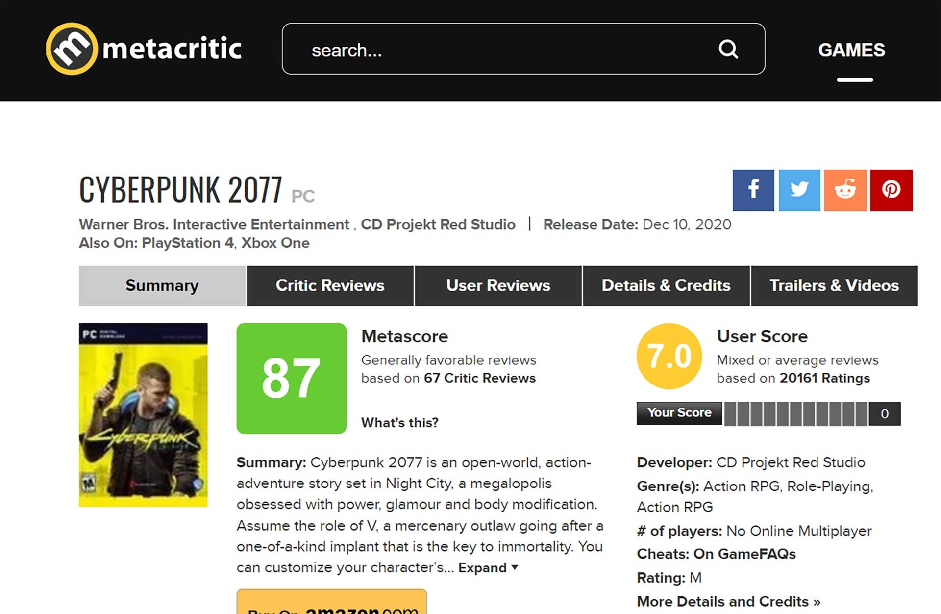 Cyberpunk 2077'nin 17 Aralık 2020 tarihli Metacritic ortalaması