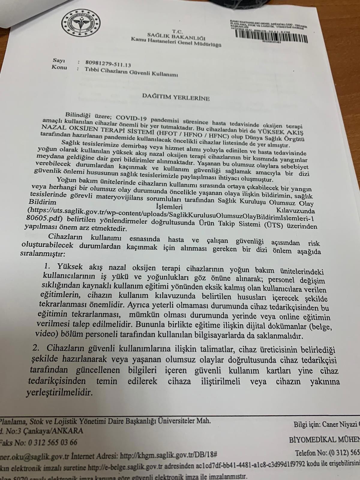 Sağlık Bakanlığının yüksek akışlı oksijen cihazları ile ilgili gönderdiği uyarı yazısı.