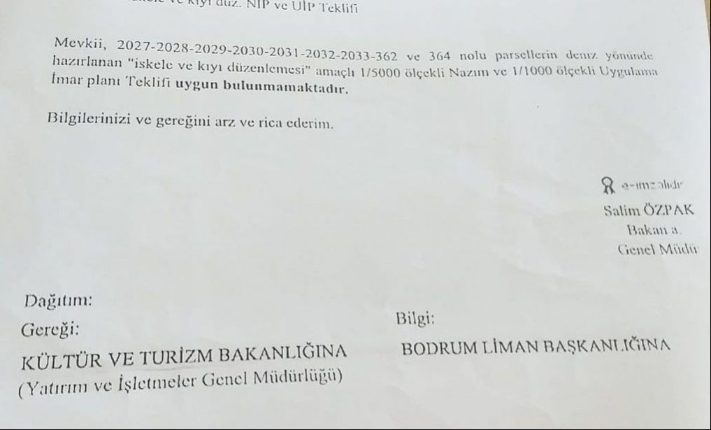 Ulaştırma ve Altyapı Bakanlığının imar planına dair olumsuz yazısı.