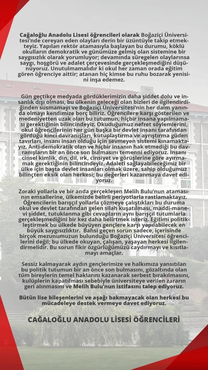 Cağaloğlu Anadolu Lisesi öğrencilerinin açıklama metni