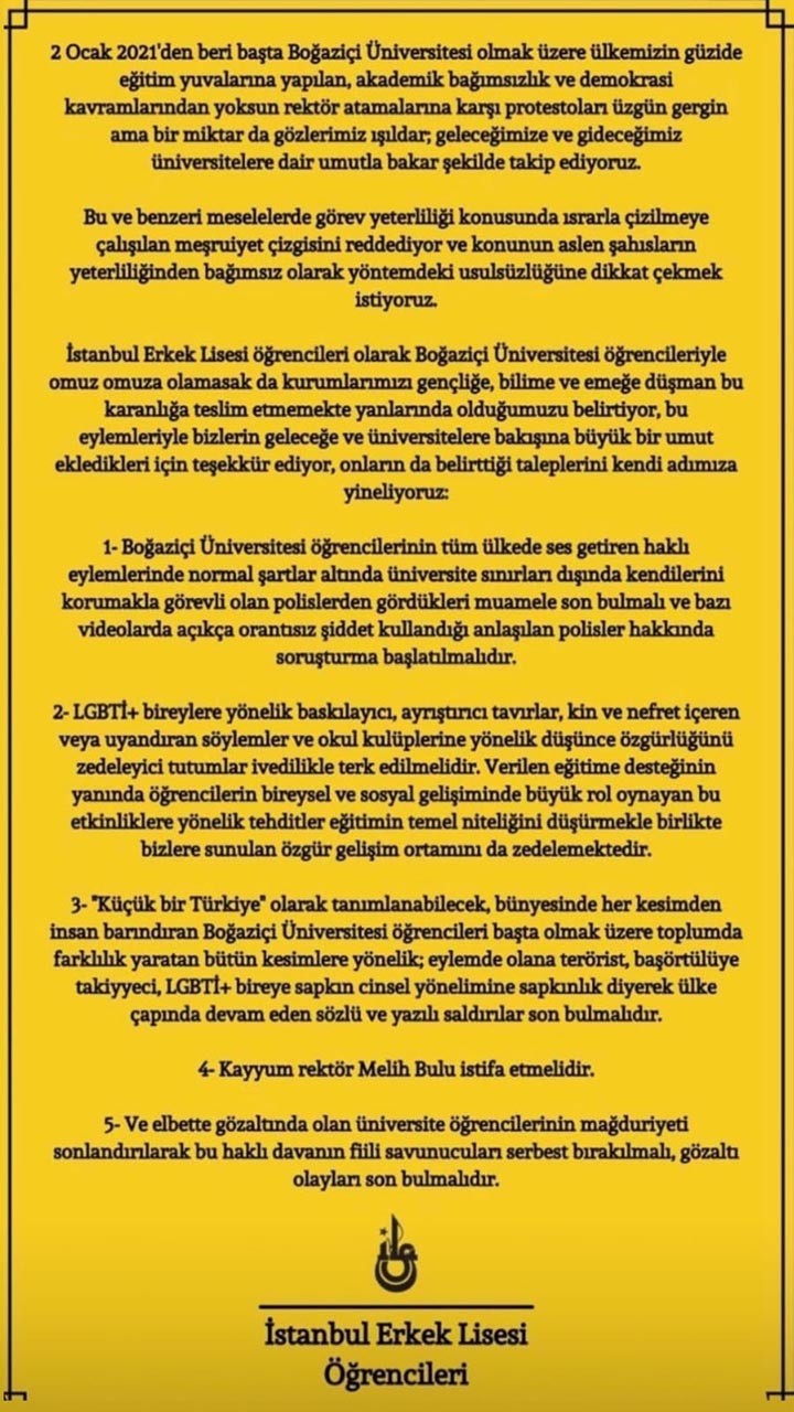 İstanbul Erkek Lisesi öğrencilerinin metni 