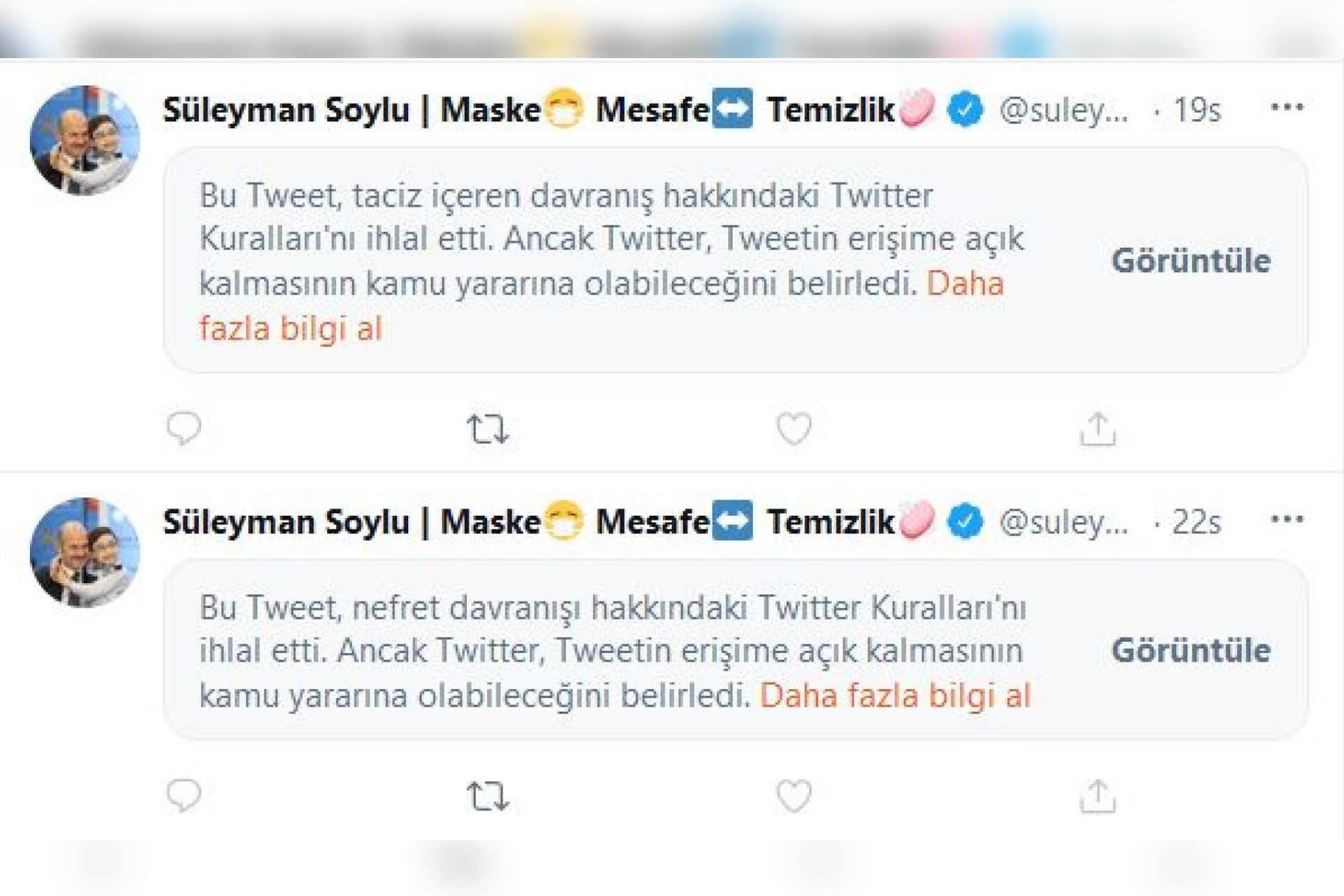 İçişleri Bakanı Süleyman Soylu’nun iki paylaşımı daha Twitter tarafından kısıtlandı