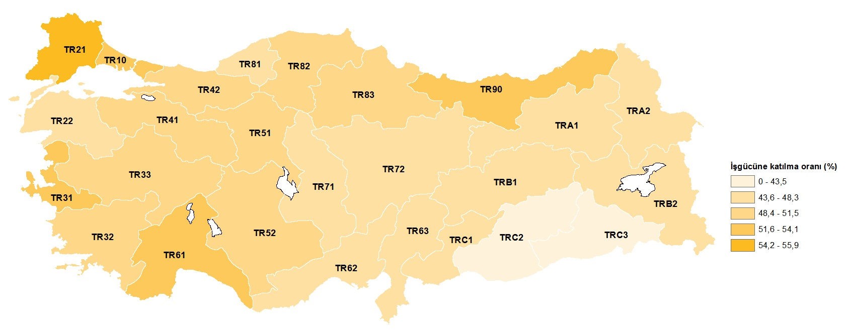 İşgücüne katılma oranı (%), İBBS 2. Düzey, 2020