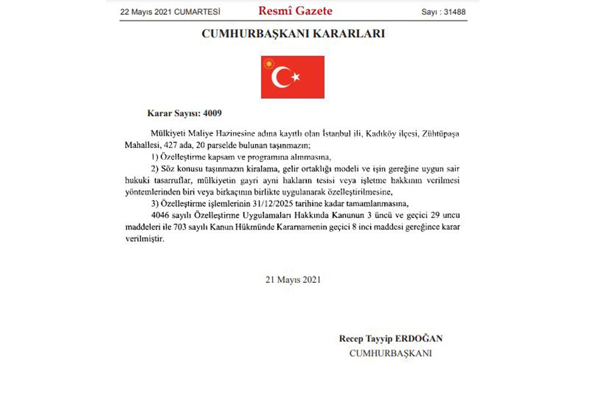 Maliye Hazinesine kayıtlı bazı taşınmazlar hakkında özelleştirme kararı