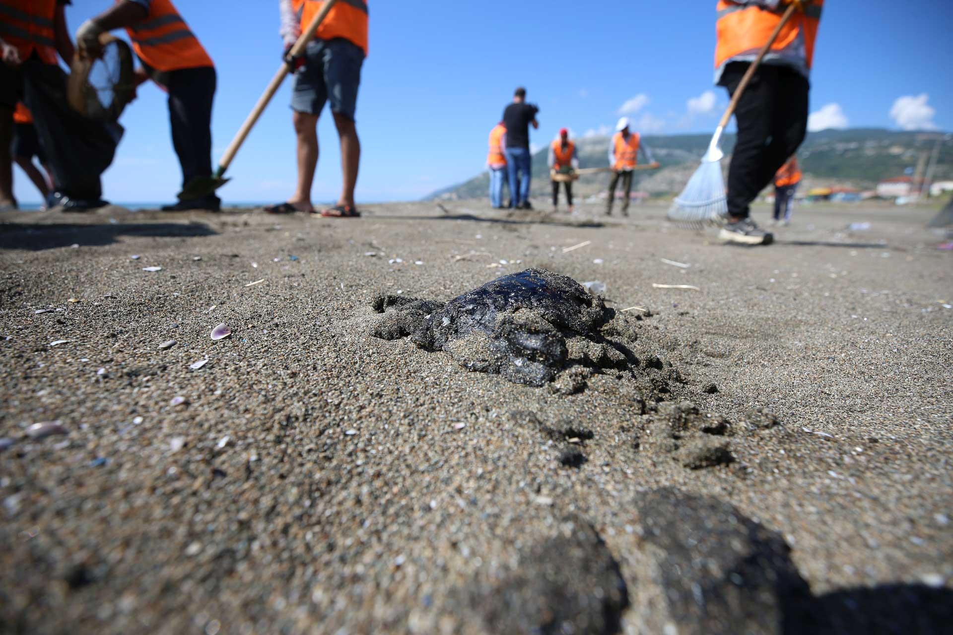 Hatay sahillerinde Suriye kaynaklı petrol sızıntısının temizlik çalışmaları sürüyor