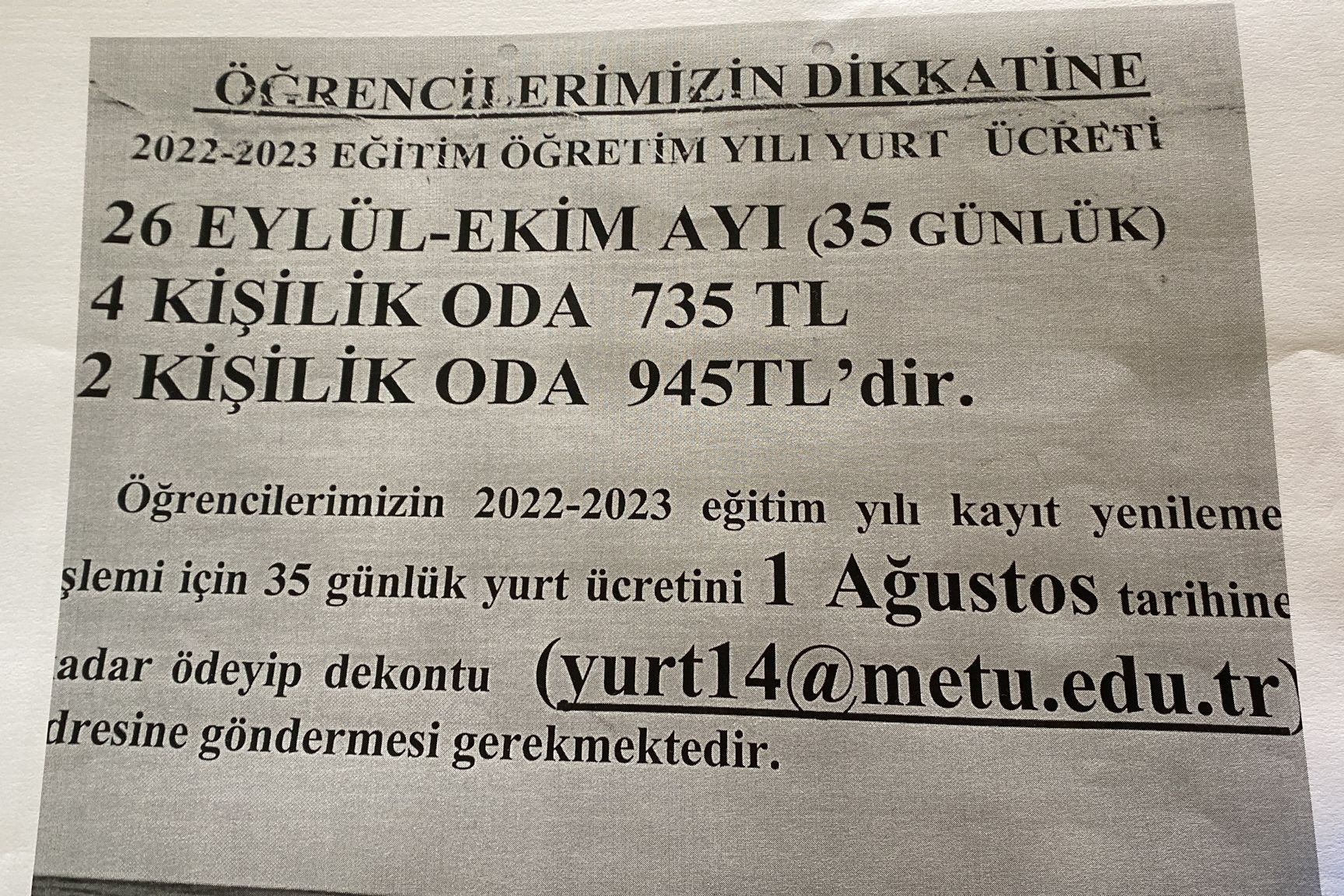 ODTÜ’de yurtlara yüzde 100 zam