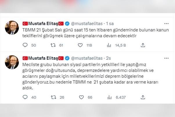 AKP’li Elitaş: Meclis çalışmalarına 21 Şubat'a kadar ara verme kararı aldık