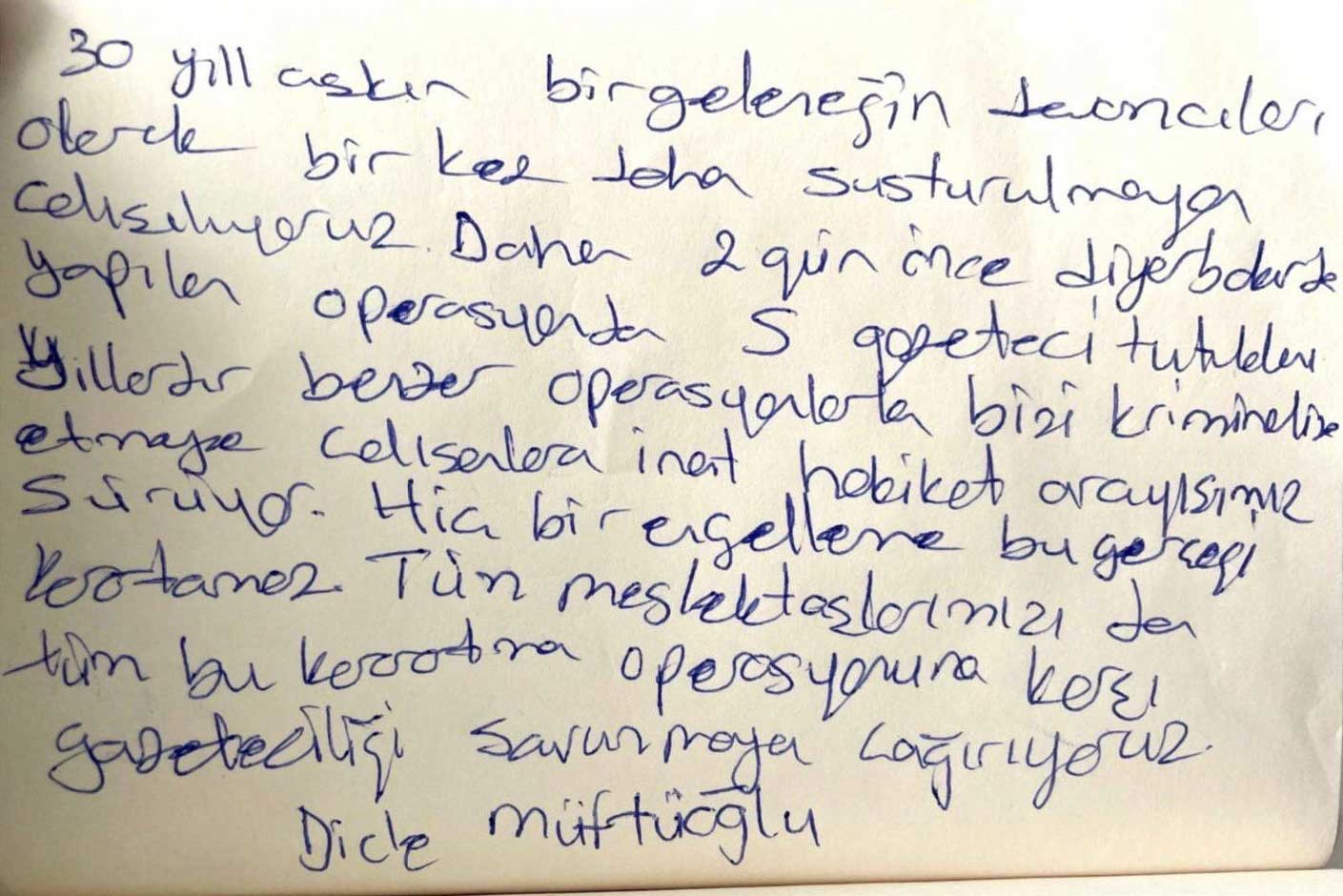 Dicle Müftüoğlu'nun avukatları aracılığıyla gönderdiği mesaj.