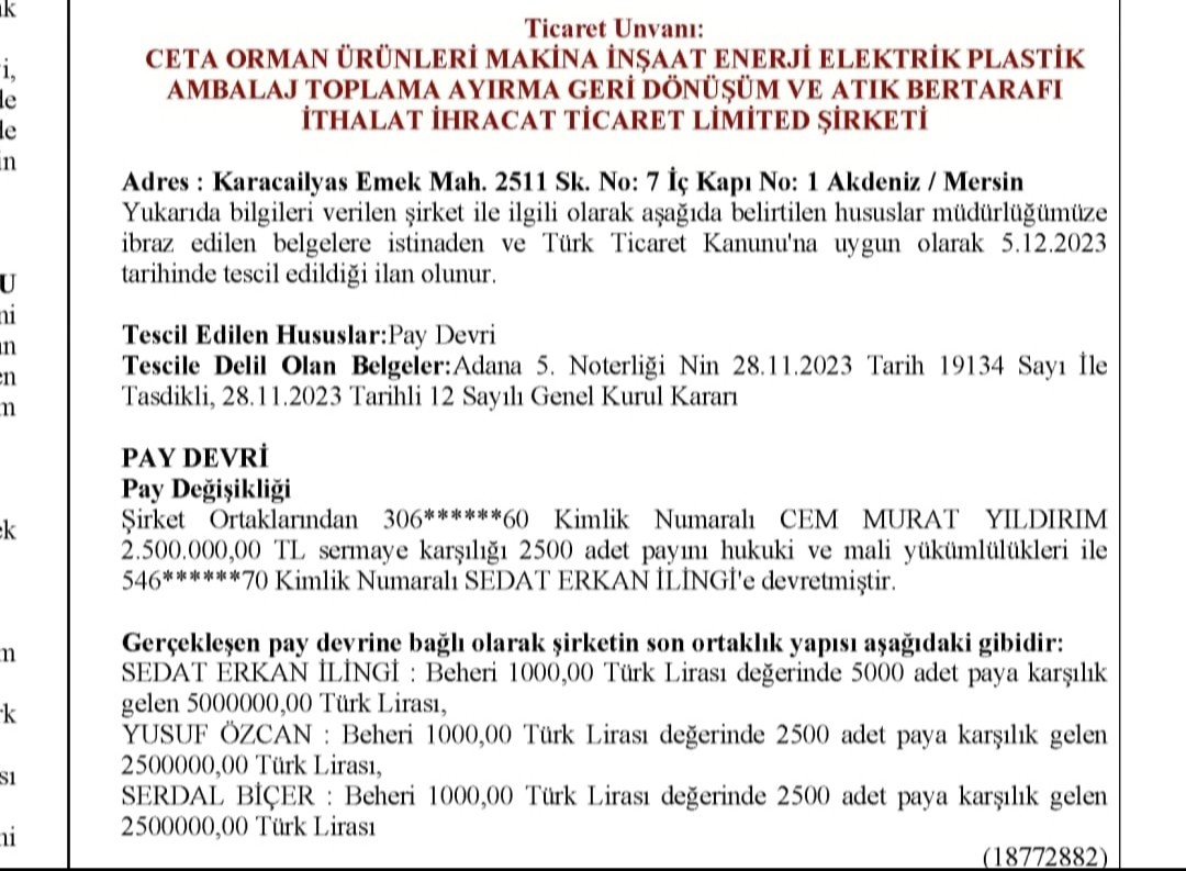 Ticaret Sicil Gazetesi nüshası