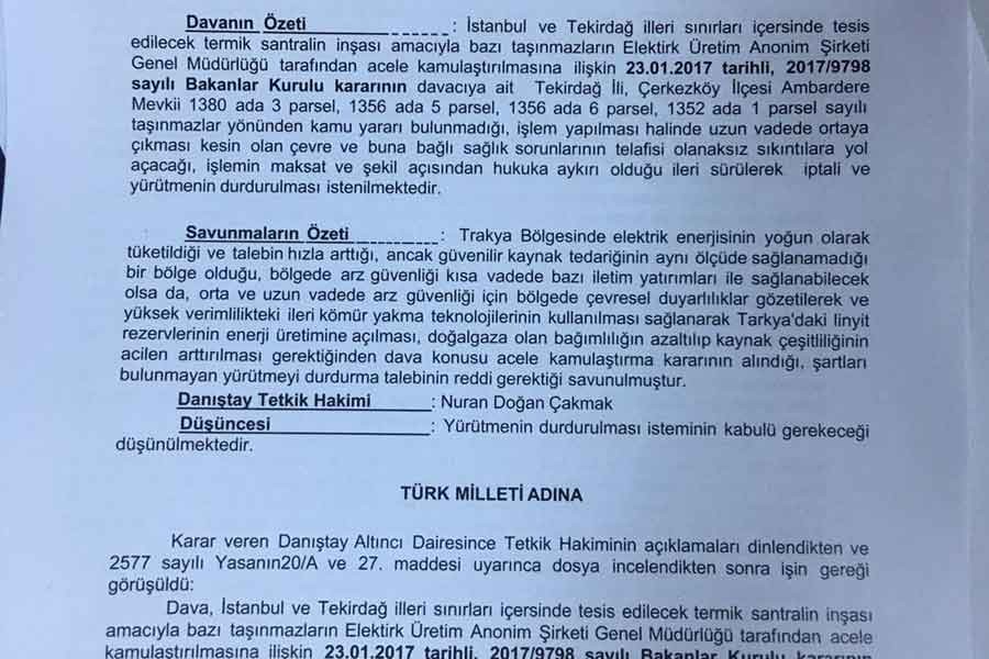 Danıştay Çerkezköy termik santraline ‘dur’ dedi 