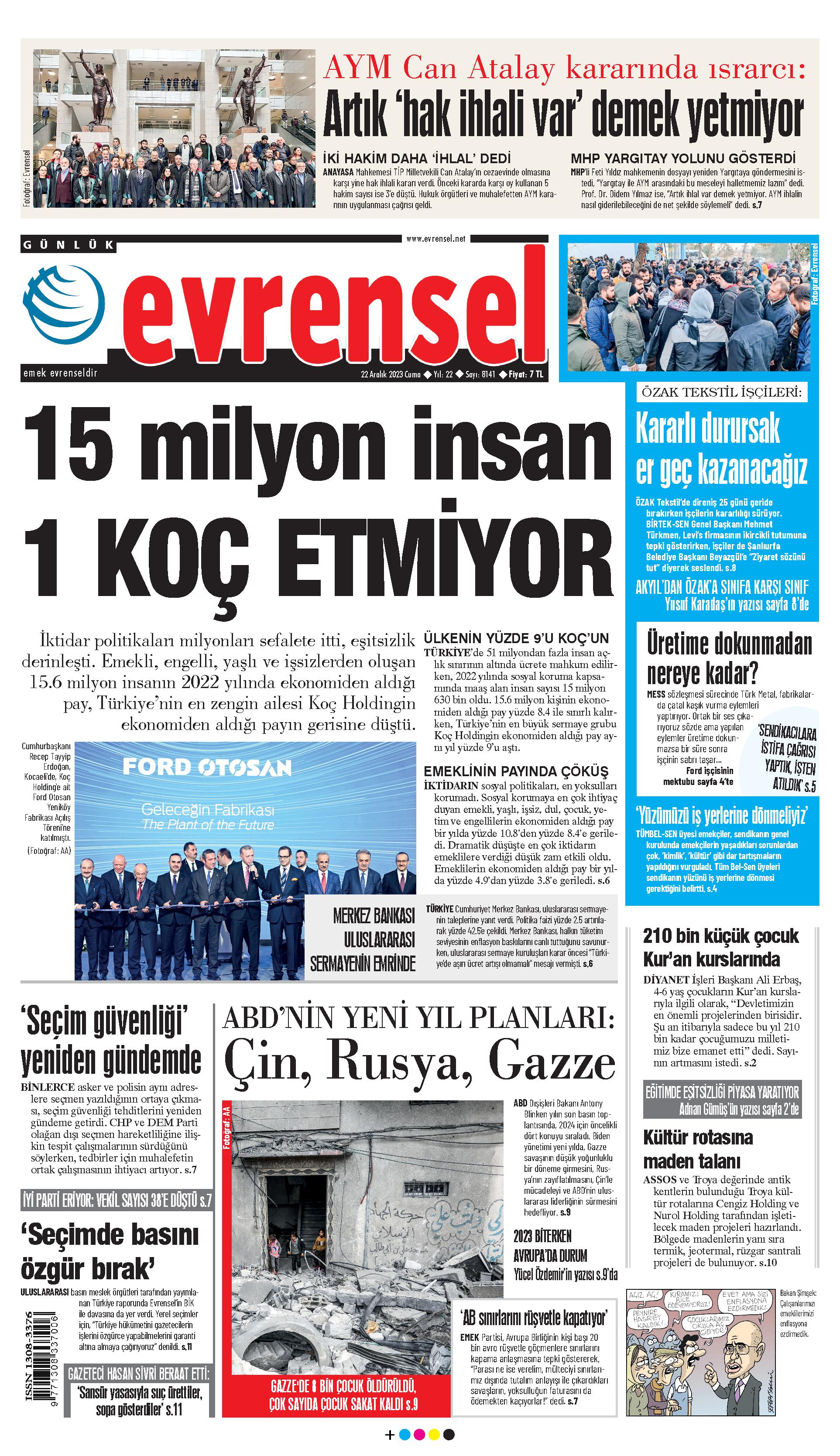 Evrensel gazetesi birinci sayfa - 22 Aralık 2023