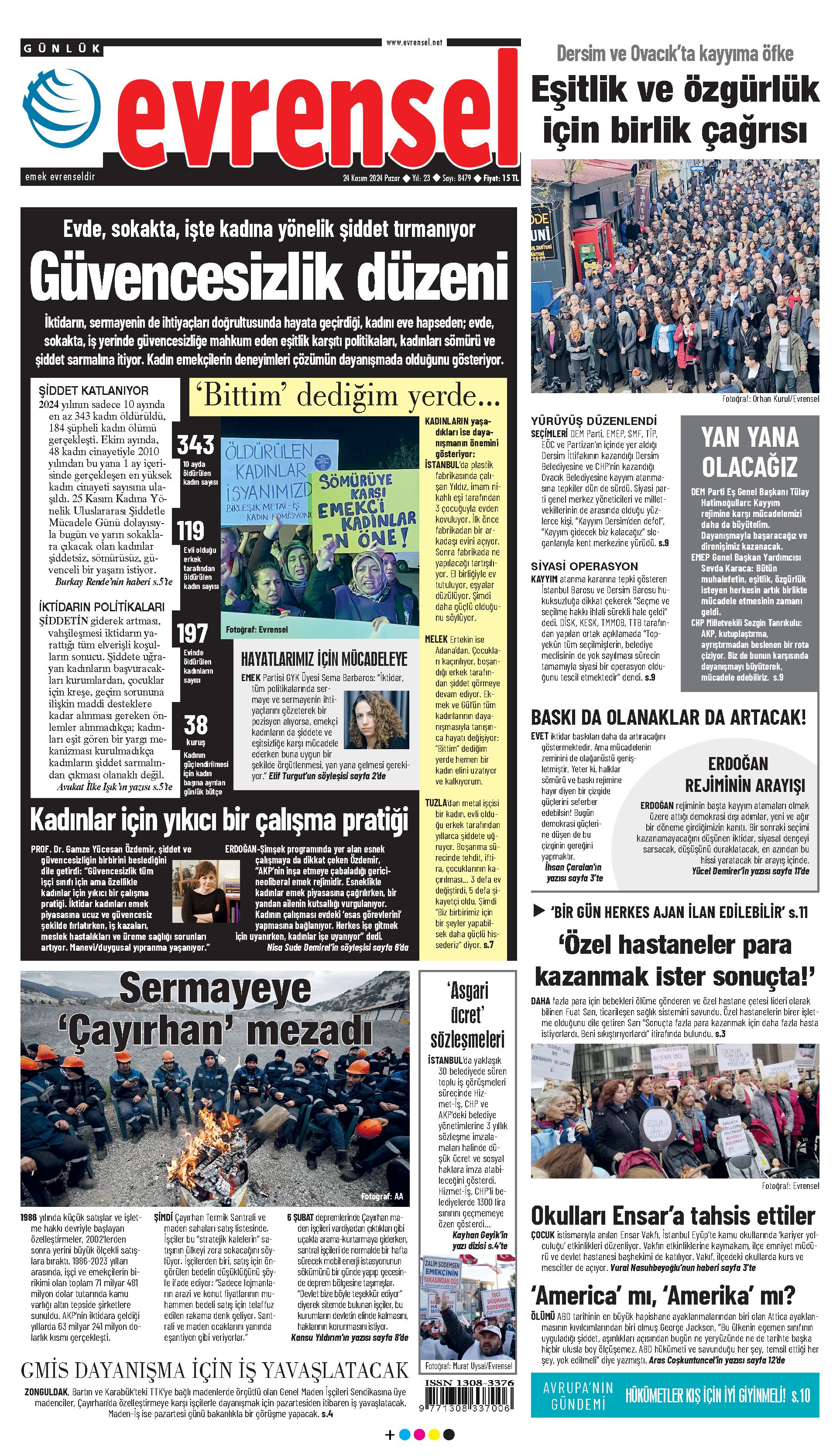 Evrensel gazetesi birinci sayfa - 24 Kasım 2024