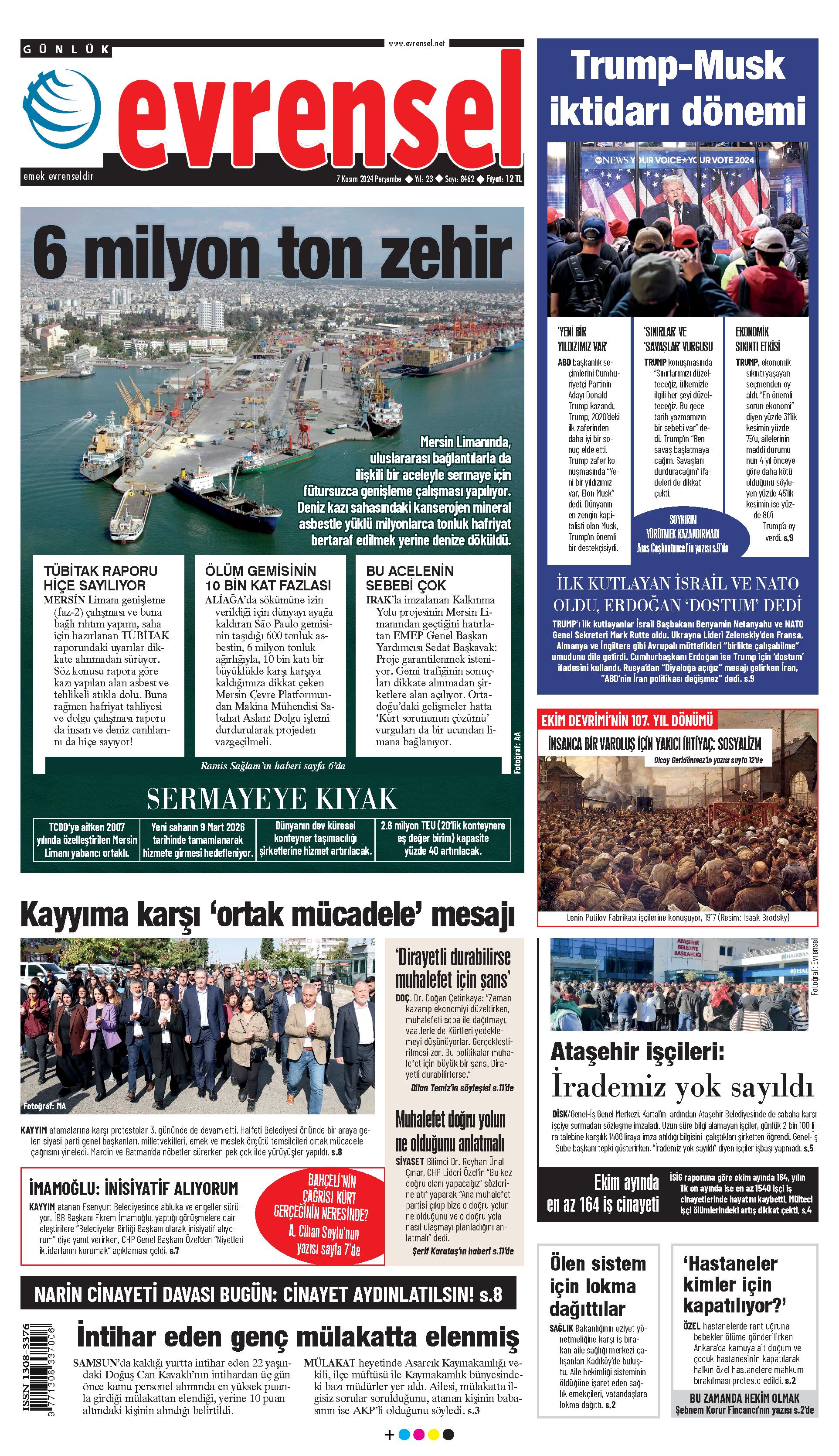 Evrensel gazetesi birinci sayfa - 7 Kasım 2024