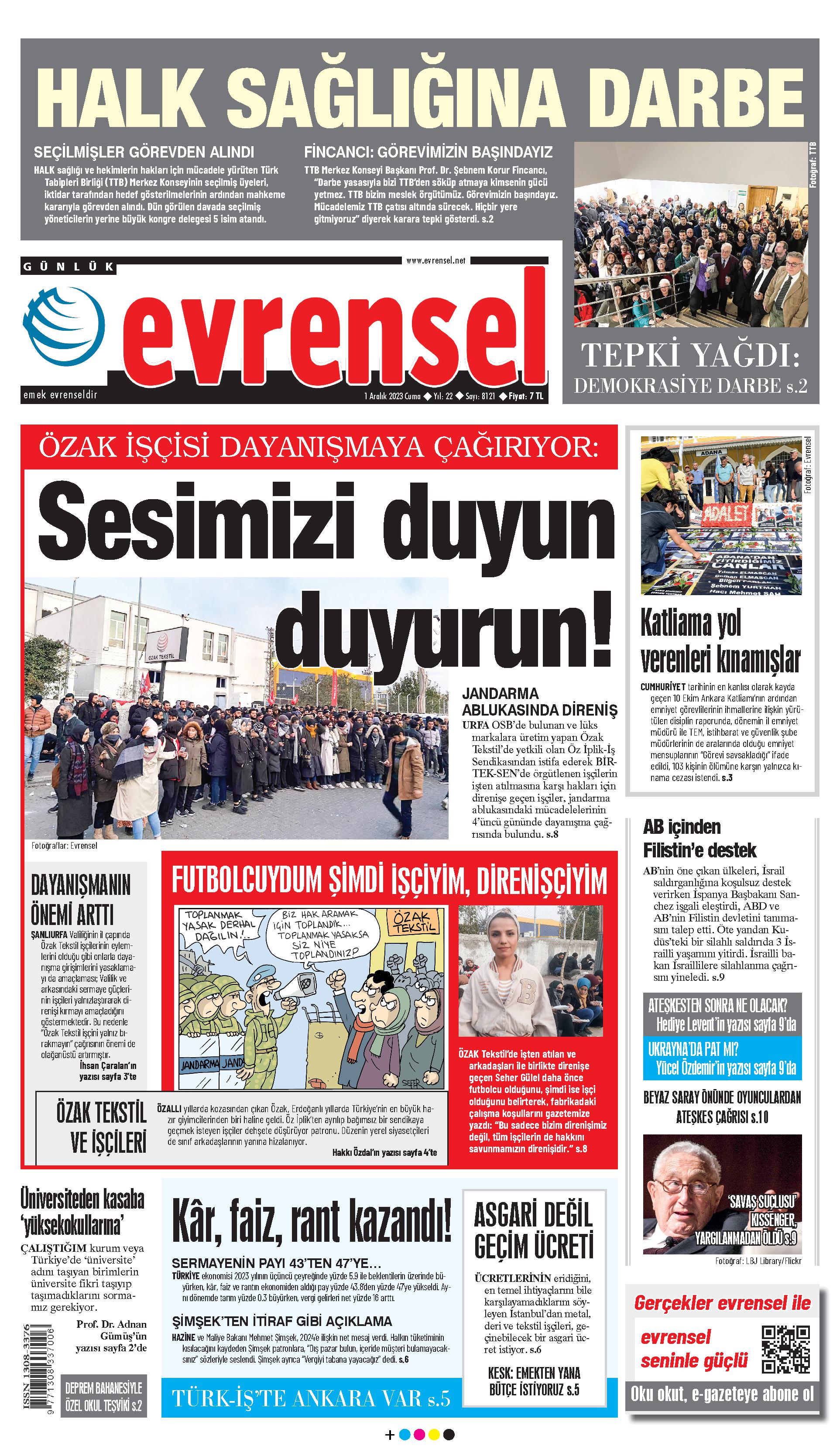 Evrensel gazetesi birinci sayfa - 1 Aralık 2023