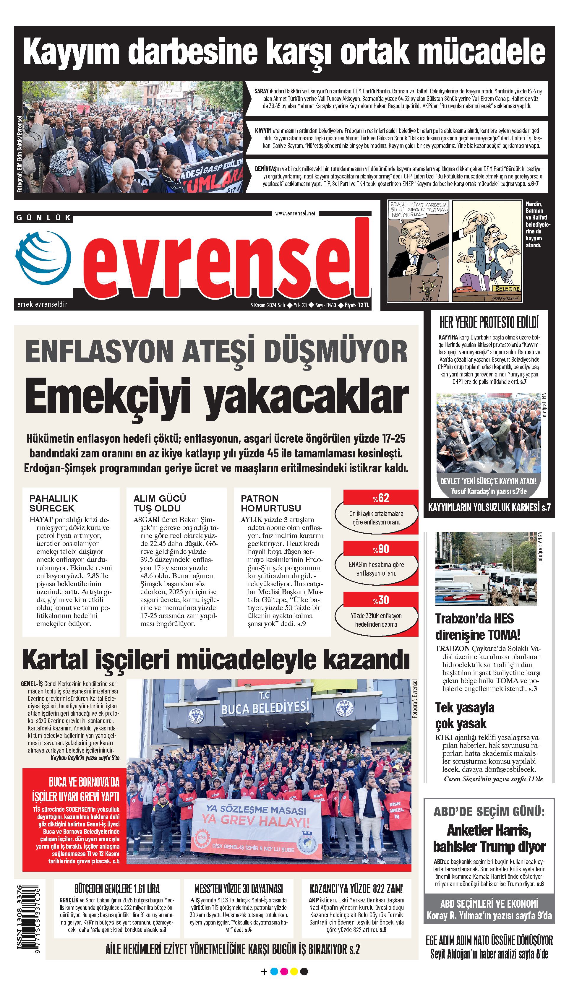 Evrensel gazetesi birinci sayfa - 5 Kasım 2024