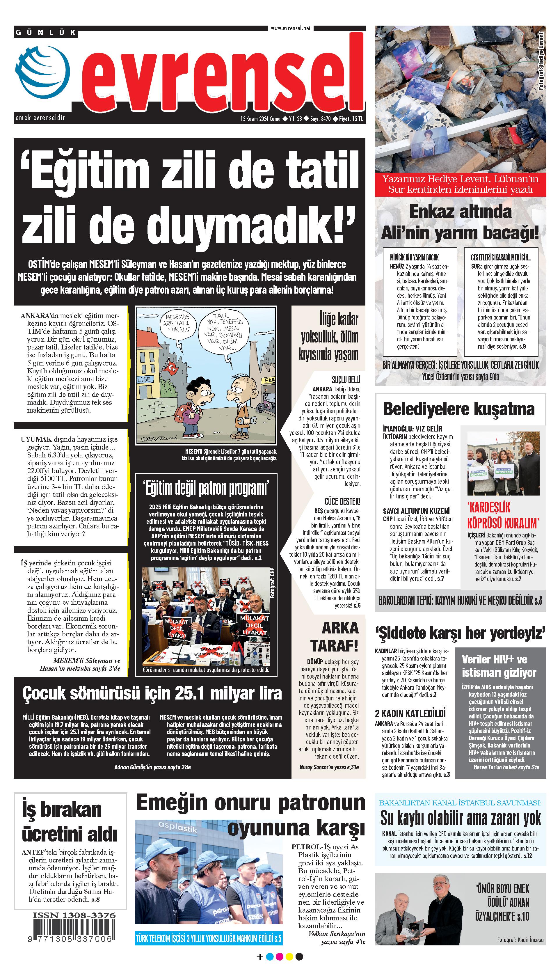 Evrensel gazetesi birinci sayfa - 15 Kasım 2024