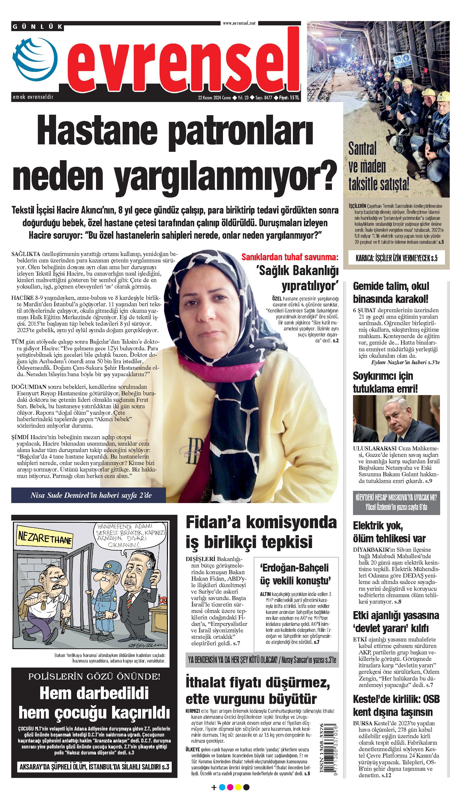 Evrensel gazetesi birinci sayfa - 22 Kasım 2024