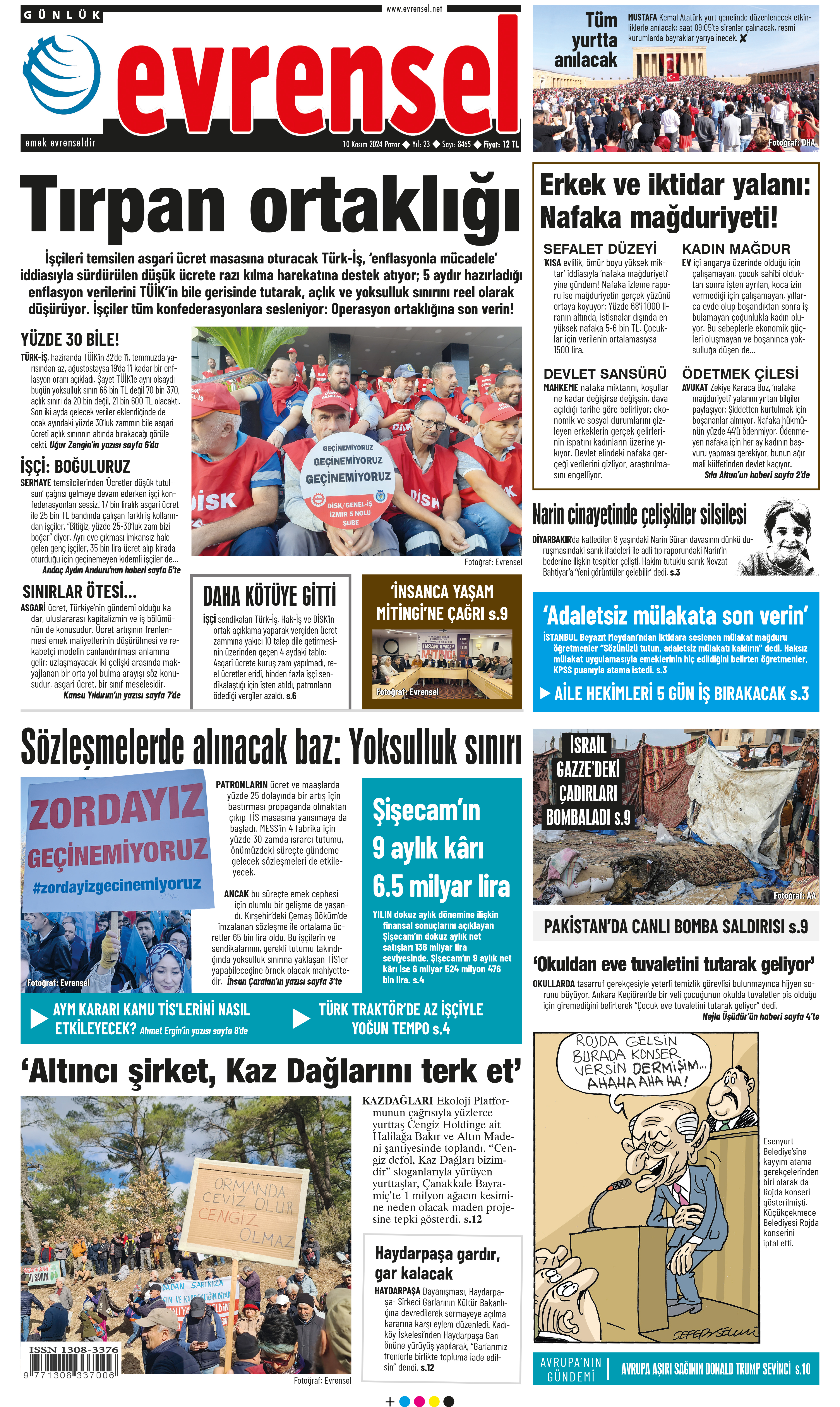 Evrensel gazetesi birinci sayfa - 10 Kasım 2024