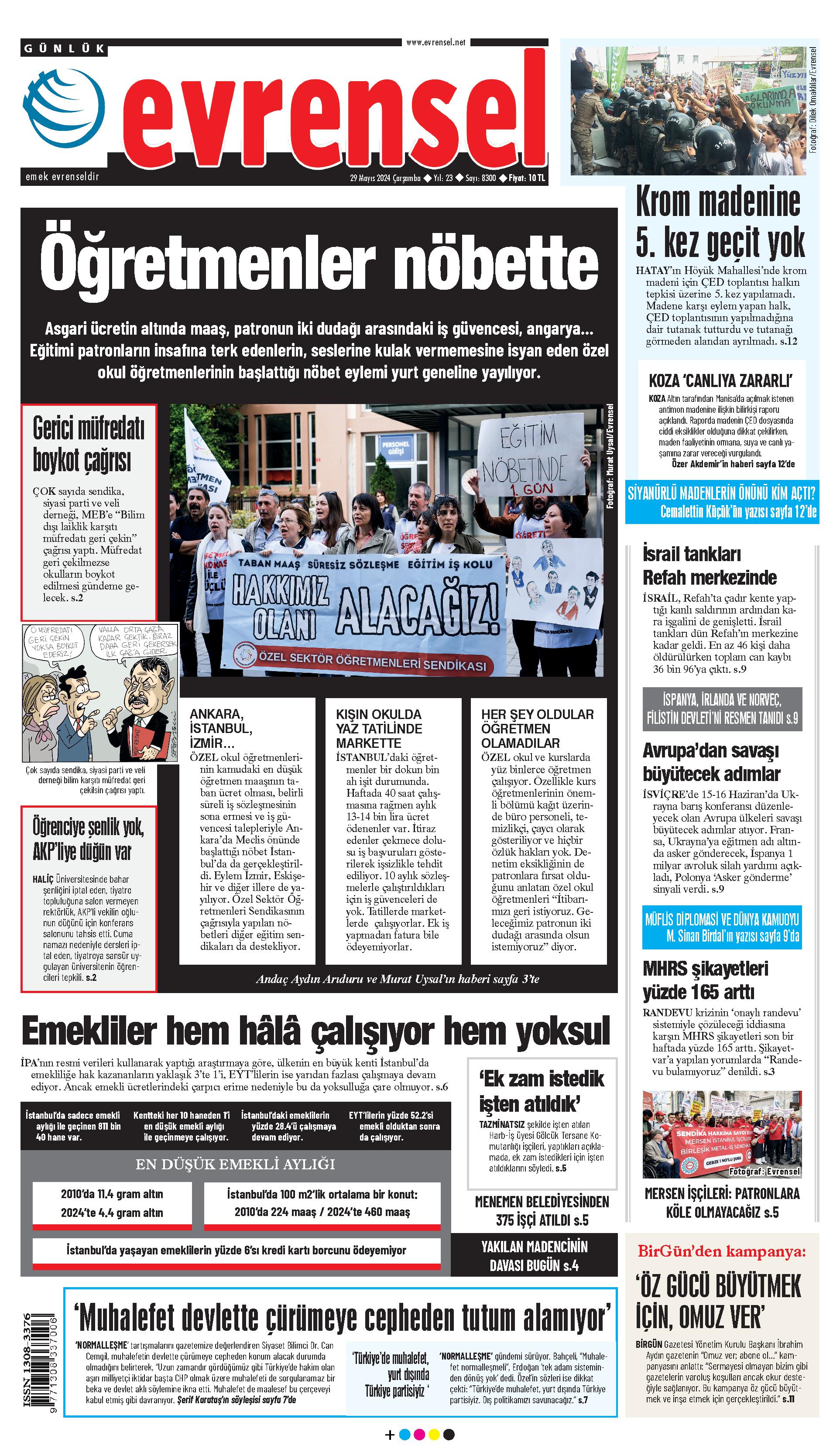 Evrensel gazetesi birinci sayfa - 29 Mayıs 2024