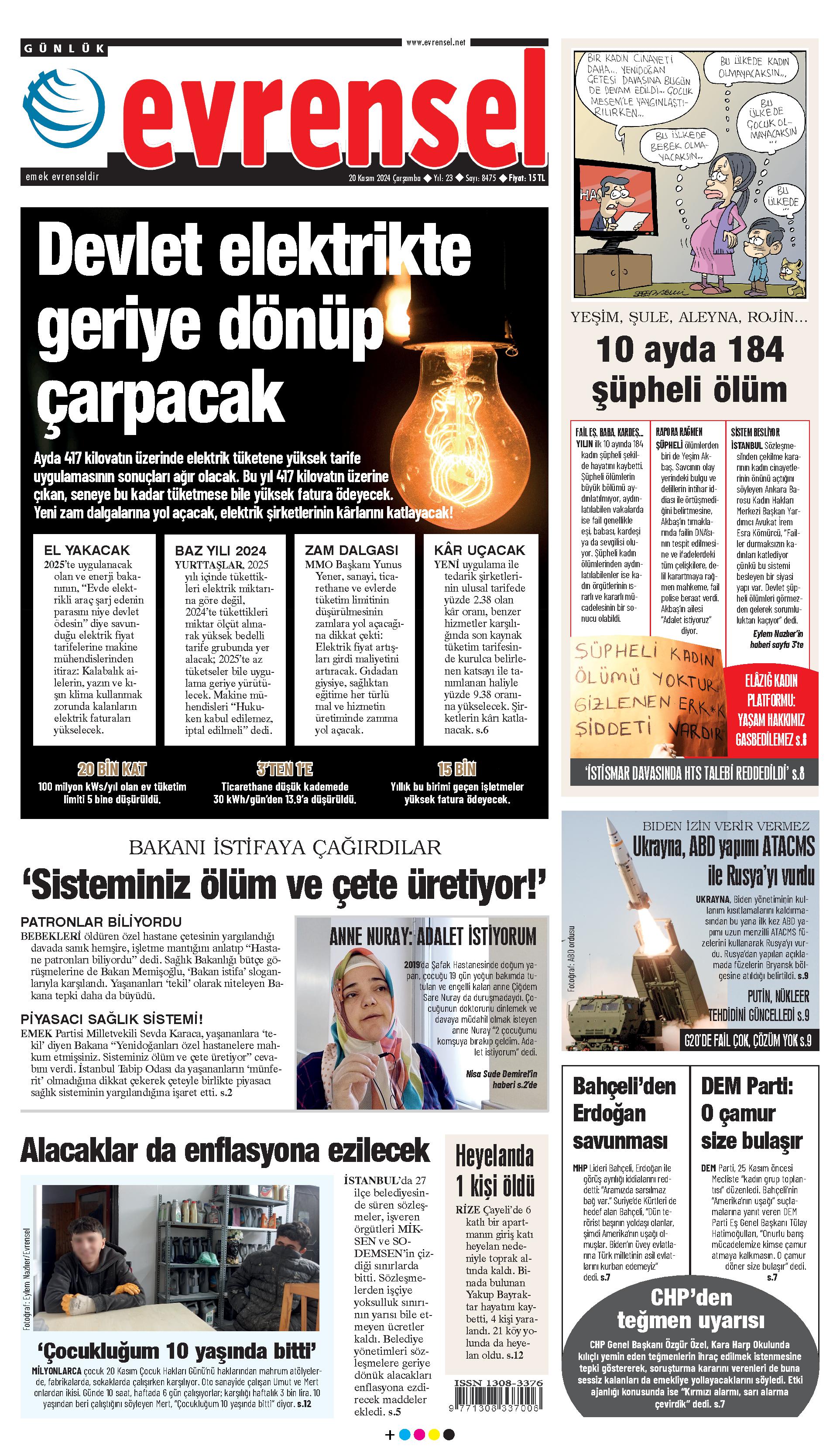 Evrensel gazetesi birinci sayfa - 20 Kasım 2024