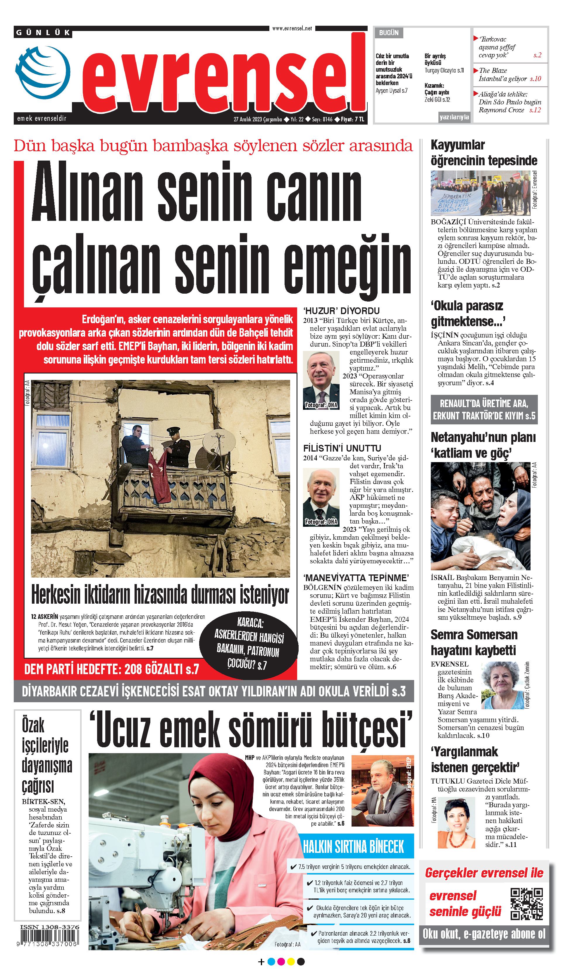 Evrensel gazetesi birinci sayfa - 27 Aralık 2023