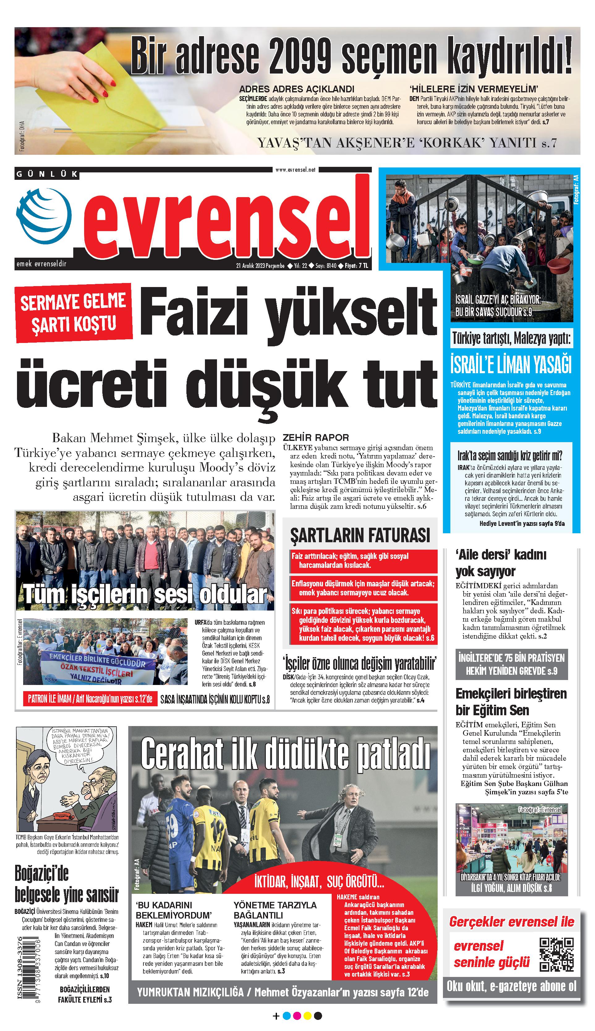 Evrensel gazetesi birinci sayfa - 21 Aralık 2023