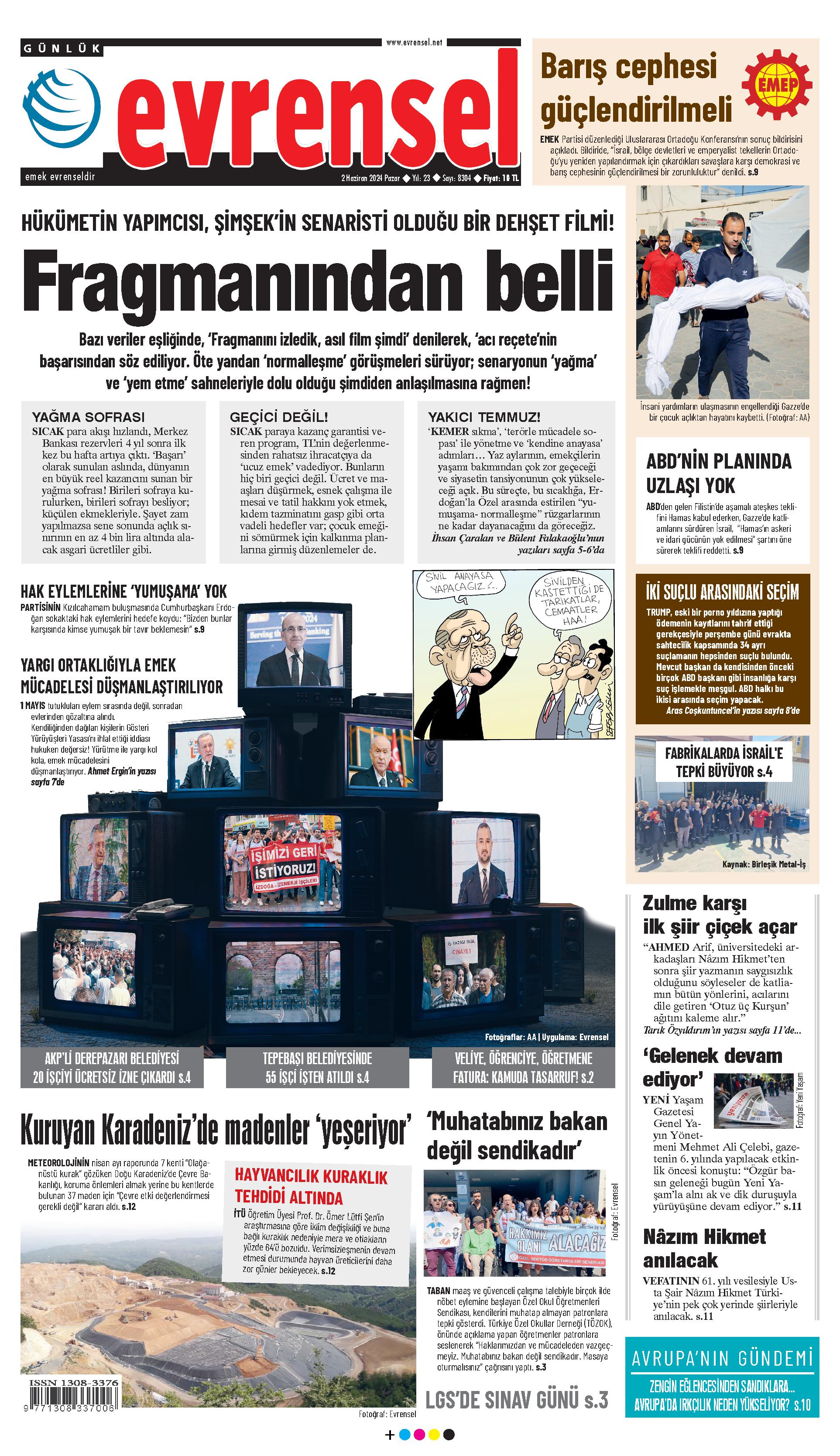 Evrensel gazetesi birinci sayfa - 2 Haziran 2024