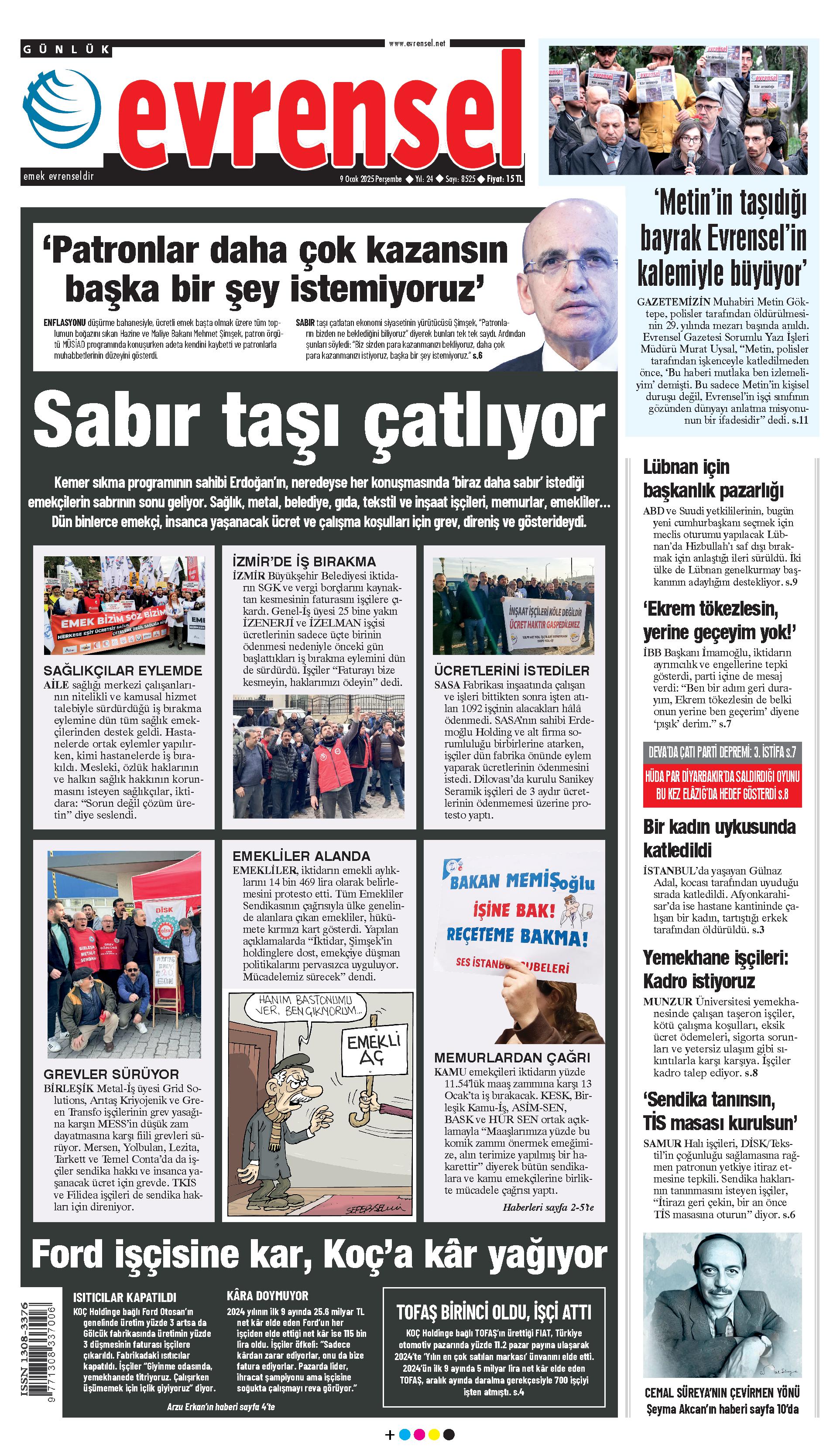 Evrensel gazetesi birinci sayfa - 9 Ocak 2025