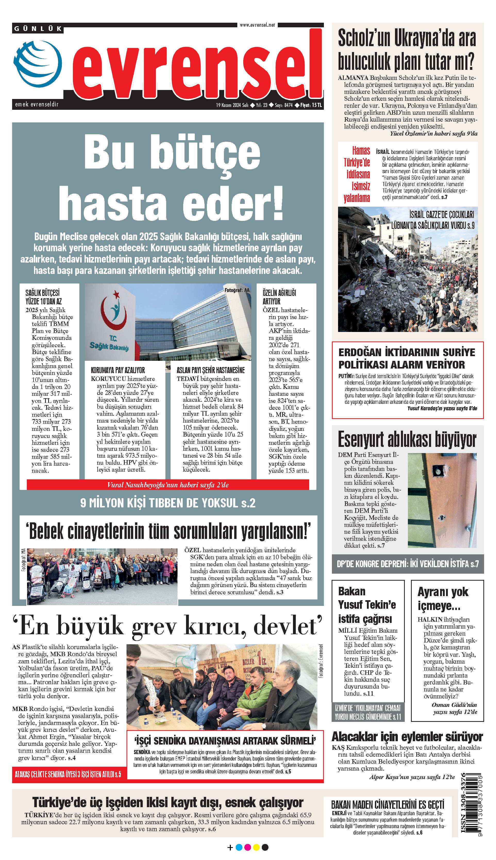 Evrensel gazetesi birinci sayfa - 19 Kasım 2024