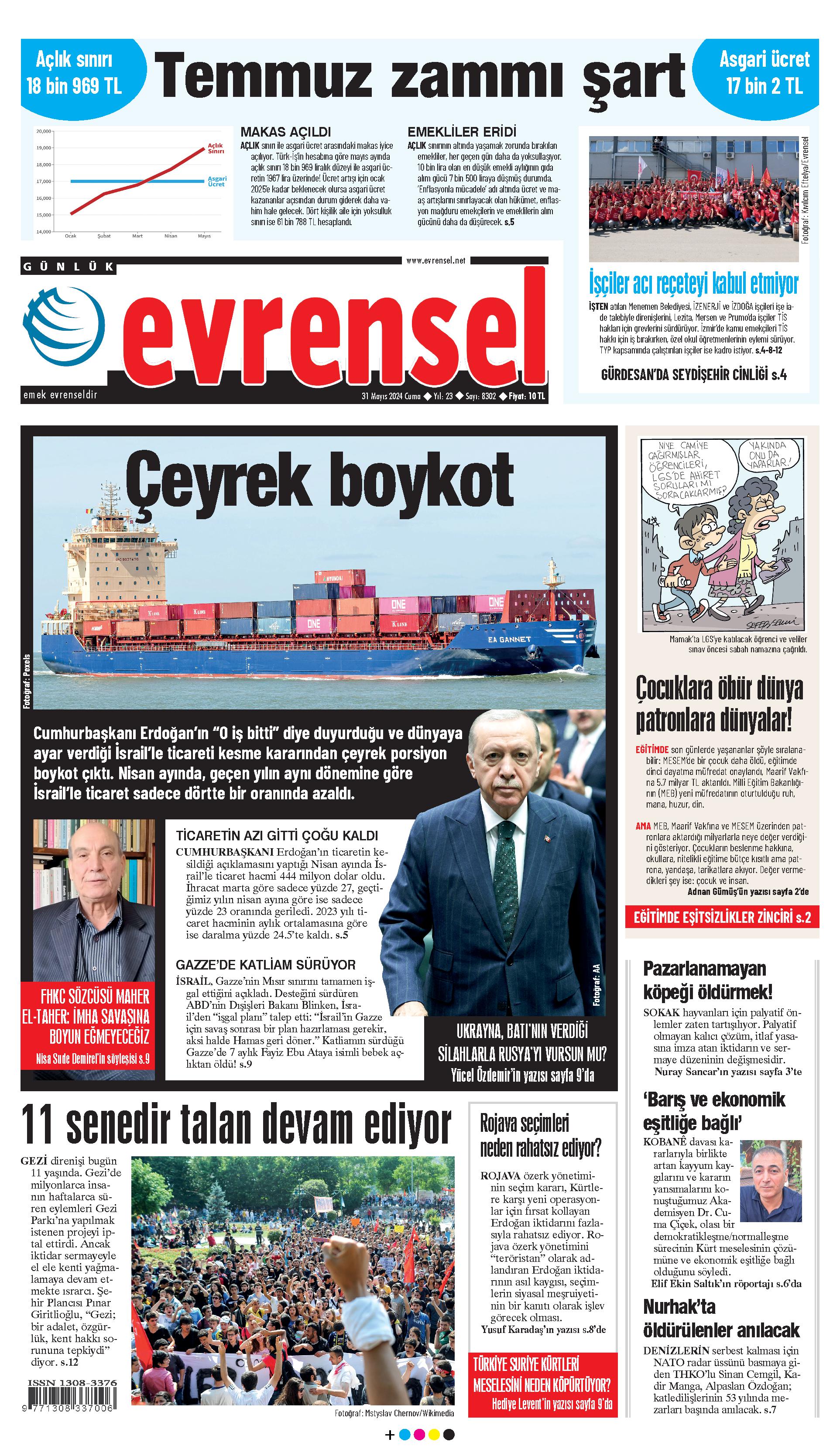 Evrensel gazetesi birinci sayfa - 31 Mayıs 2024