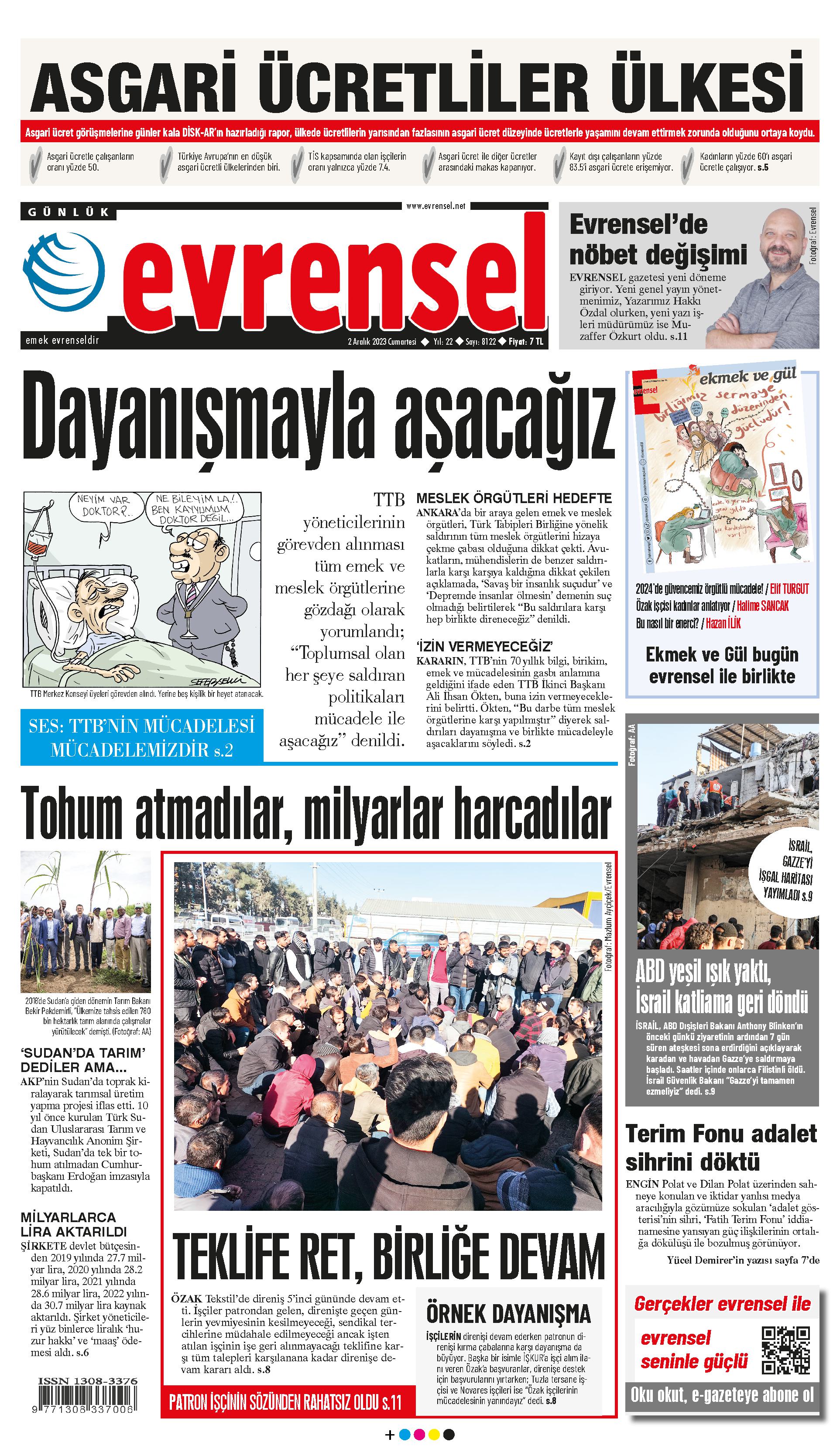 Evrensel gazetesi birinci sayfa - 2 Aralık 2023