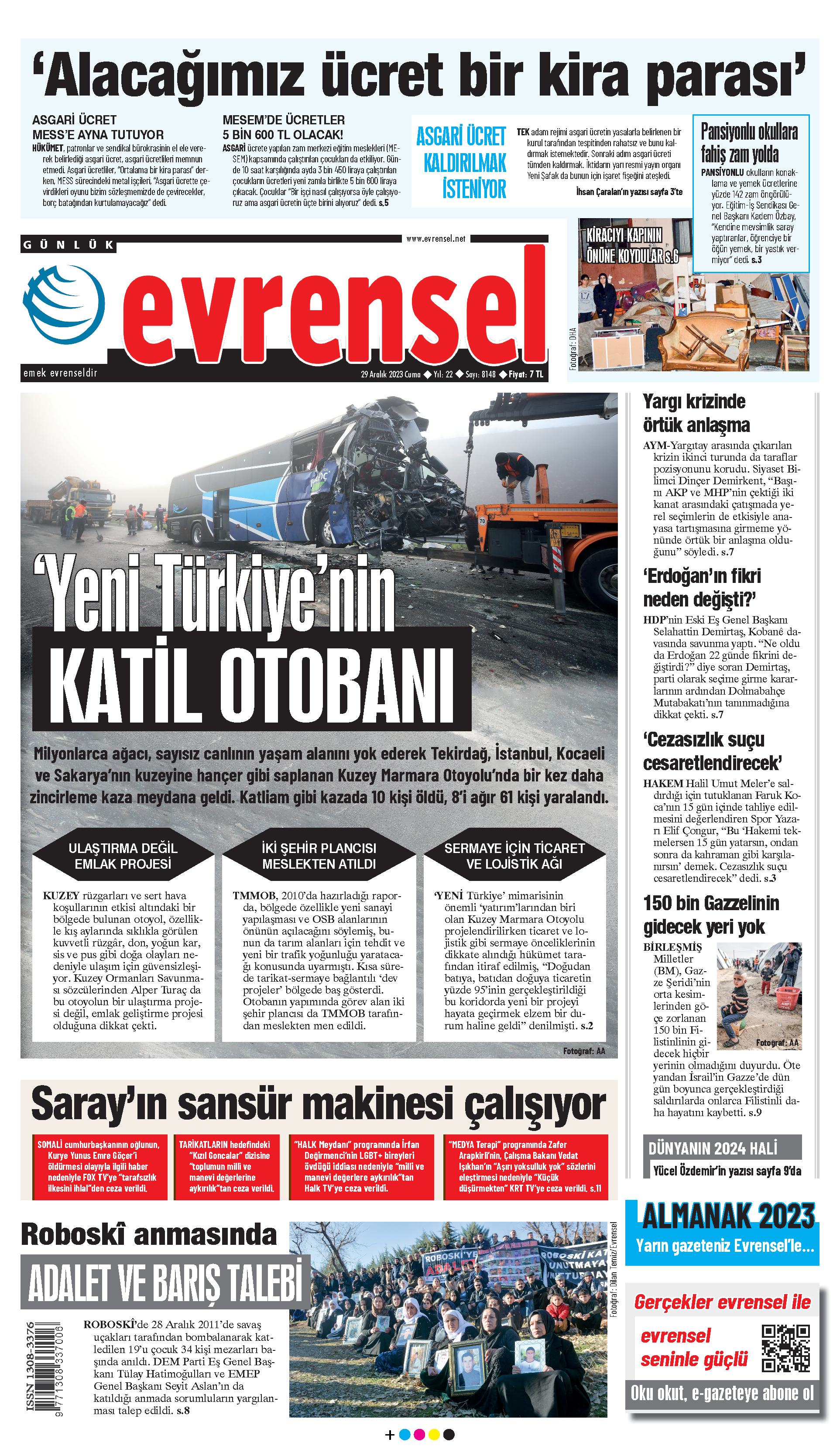 Evrensel gazetesi birinci sayfa - 29 Aralık 2023